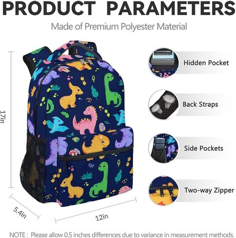 Dinosaur School Backpack for Kids - 17 Inch Colorful Backpacks for Girls 6-8 Ages - Lightweight Cartoon Bookbag for Elementary in Saudi Arabia