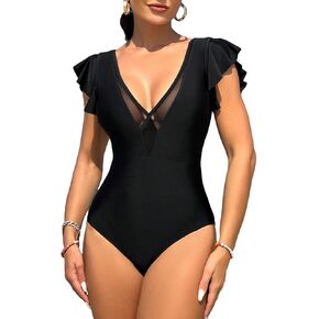 Milumia Women's One Piece Ruffle Cap Sleeve Swimsuit Mesh V Neck Tummy Control Bathing Suit in Saudi Arabia