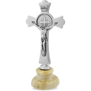 Catholic Saint Benedict Cross with Simulated Marble Stand (Carbon)