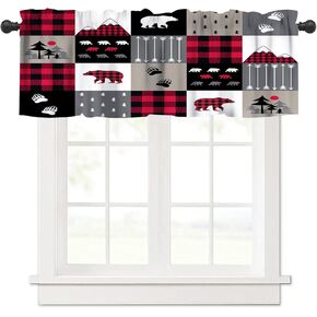 Rustic Bear Kitchen Valance Curtain Vintage Rustic Cabin Forest Nature River Hunting Black Bear Wildlife Window Treatment Valances Curtains for Living Room Bedroom，54x18Inch 1P