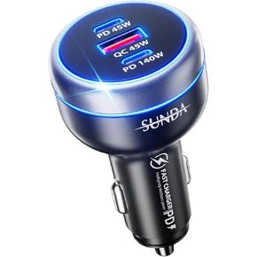 SUNDA 230W USB C Fast Car Charger, 3-Ports Mutiple Car Charger Adapter, Fast Charging PD140W/PPS63W/QC45W Compatible with iPhone15/14Pro/MacBook/iPad/Laptop/SamsungS24, Cigarette Lighter USB Charger