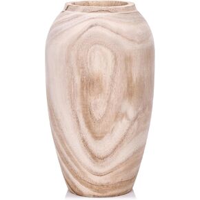 10.6" Tall Matt Black Wooden Vase for Decor, Wide Mouth Wood Floor Vases Decorative Tall, Black Round Flowers Vase for - Rustic Table Centerpiece Mantel Shelf Decorative Accents Boho Pampas Vase
