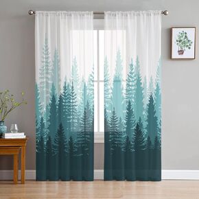 Green Forest Sheer Valance Curtains for Kitchen Living Room Decor, Nature Woodland Tree Forest Silhouette Landscape Semi Sheer Curtain Voile Valance Rod Pocket Window Short Curtain Panel 54"x18"