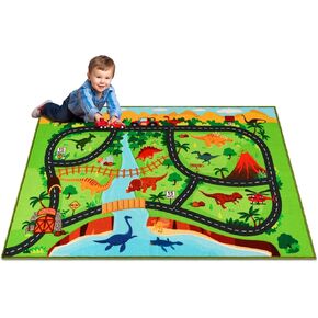 Kids Carpet Playmat Rug,47"X31.4" Dinosaur Car Rugs for Kids Toy Cars,Non Slip Dino Safari Road Map Kids Rug for Playroom Bedroom Boys,Kids Play Mat Road Rug,Track Rug Car Play Carpet for Kids