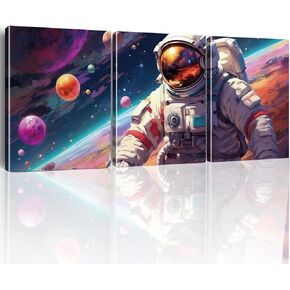 Outer Space Art Wall Decor Astronaut Spaceman Planets Spaceship Canvas Prints Posters Framed Artwork Space Room Boys Bedroom Playroom Nursery Home Space Decorations, 3 Panels
