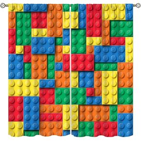 Kids Boys Window Curtains, Building Blocks Toys Treatments Colorful Plastic Brick Geometric Print Pattern Abstract Contour Drapes for Nursery Living Room,42x45 Inch Decor