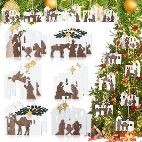 Shellwei 24 Pcs Christmas Nativity Story Wooden Ornaments Set Bulk Christian Music Sheet Nativity Ornament Nativity Scene Hanging Ornaments Xmas Tree Ornaments Religious Gift for Family(Delicate)
