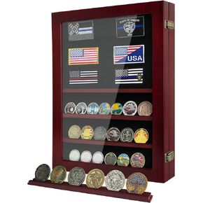 Military Challenge Coin Display Case Holder, Lockable Wooden Army Coins Display Box Cabinet with HD Tempered Glass, Coin Stand Rack with Removable Shelves and Wall Mounted, Walnut
