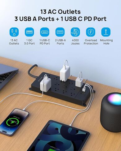 TROND Surge Protector Power Strip, 4000J, ETL Listed, 13 Widely-Spaced Outlets Expansion with 4 USB Ports(1 USB C), Low-Profile Flat Plug, Wall Mountable, 5ft Extension Cord, 14AWG Heavy Duty, Black in Saudi Arabia