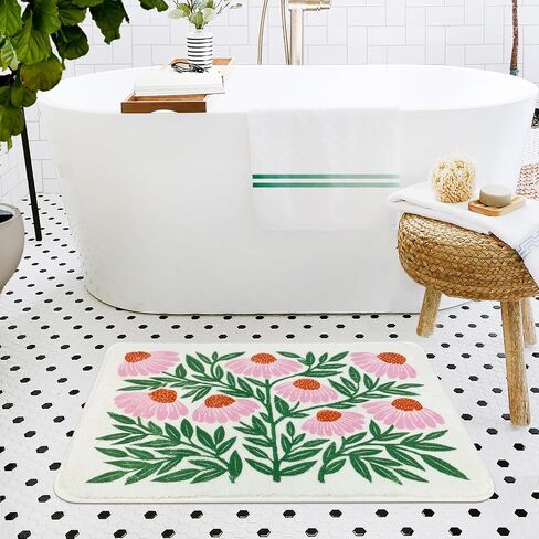 Cute Colorful Flower Bath Mat for Bathroom Rugs, Ultra Soft and Fluffy Microfiber Water Absorption Non Slip Mat for Bedroom Kitchen Bathroom(18"×26") in Saudi Arabia