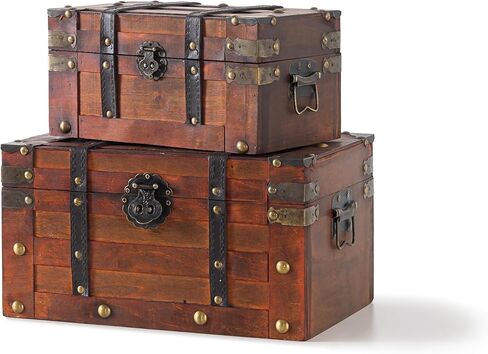 Soul & Lane Elysian Wooden Chest Duo - Elegant Wood Storage Trunks with Lids & Vintage Charm (Set of 2), Antique Versatile Organizational Decor for Home & Office in Saudi Arabia
