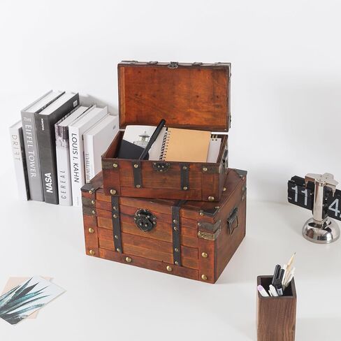 Soul & Lane Elysian Wooden Chest Duo - Elegant Wood Storage Trunks with Lids & Vintage Charm (Set of 2), Antique Versatile Organizational Decor for Home & Office in Saudi Arabia