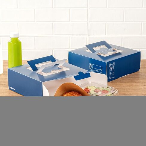 علب الكيك من Restaurantware Cater Tek مقاس 9 × 9 × 3.5 بوصة، 50 صندوق غداء للاستعمال مرة واحدة - نافذة عرض، مقابض منبثقة، صناديق معجنات ورقية باللونين الأزرق والأبيض، غير منفذة للدهون، يتم شحنها بشكل مسطح in Saudi Arabia