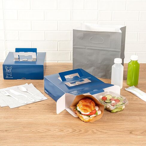 علب الكيك من Restaurantware Cater Tek مقاس 9 × 9 × 3.5 بوصة، 50 صندوق غداء للاستعمال مرة واحدة - نافذة عرض، مقابض منبثقة، صناديق معجنات ورقية باللونين الأزرق والأبيض، غير منفذة للدهون، يتم شحنها بشكل مسطح in Saudi Arabia
