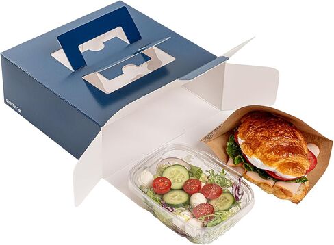 علب الكيك من Restaurantware Cater Tek مقاس 9 × 9 × 3.5 بوصة، 50 صندوق غداء للاستعمال مرة واحدة - نافذة عرض، مقابض منبثقة، صناديق معجنات ورقية باللونين الأزرق والأبيض، غير منفذة للدهون، يتم شحنها بشكل مسطح in Saudi Arabia