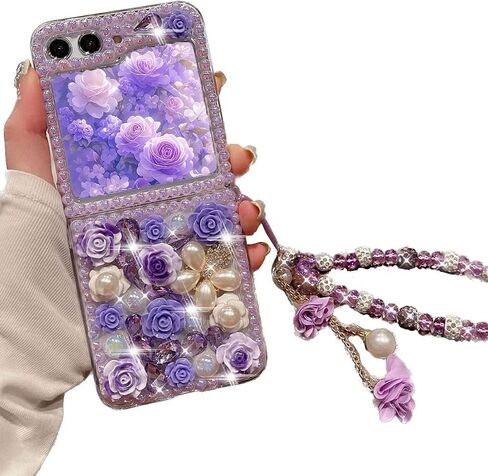 for Samsung Galaxy Z Flip 6 Case,Cute Bling Glitter Sparkle Stunning Stones Diamond Rhinestone 3D Handmade Pearl Rose Flower with Wrist Lanyard for Women Girly for Galaxy Z Flip 6 5G (Pink) in Saudi Arabia