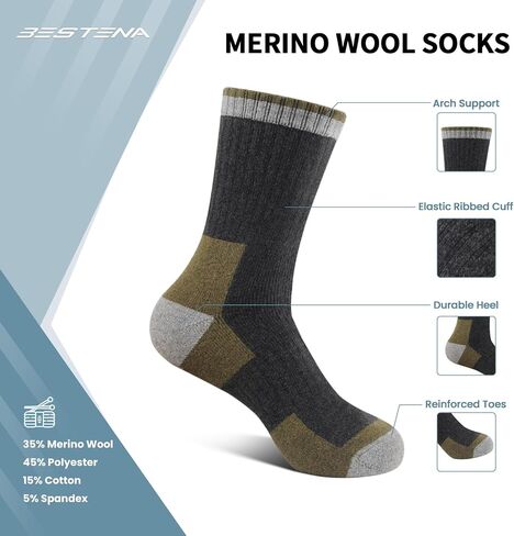 BESTENA Merino Wool Hiking Socks for Men 5 Pairs Thermal Warm Winter Thick Cushion Moisture Wicking Crew Boot Socks in Saudi Arabia
