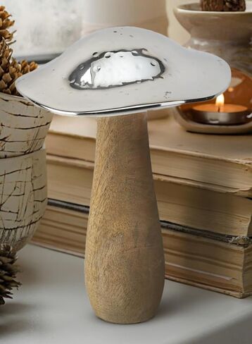 Serene Spaces Living Small Mushroom Table Decoration, 5.5-Inch Wood and Hammered Silver Metal Mushroom Sculpture Decor, Wooden Figurine for Home Decor, Table, Office, Shelf, Room Decoration in Kuwait