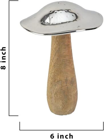 Serene Spaces Living Small Mushroom Table Decoration, 5.5-Inch Wood and Hammered Silver Metal Mushroom Sculpture Decor, Wooden Figurine for Home Decor, Table, Office, Shelf, Room Decoration in Kuwait