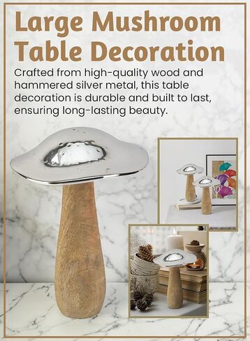 Serene Spaces Living Small Mushroom Table Decoration, 5.5-Inch Wood and Hammered Silver Metal Mushroom Sculpture Decor, Wooden Figurine for Home Decor, Table, Office, Shelf, Room Decoration in Kuwait