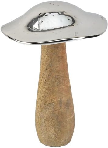 Serene Spaces Living Small Mushroom Table Decoration, 5.5-Inch Wood and Hammered Silver Metal Mushroom Sculpture Decor, Wooden Figurine for Home Decor, Table, Office, Shelf, Room Decoration in Kuwait
