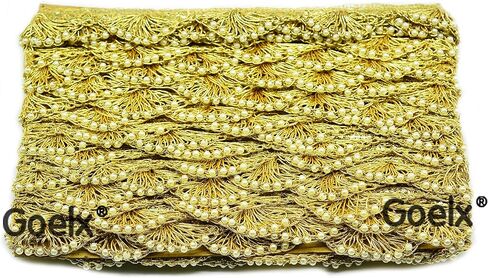 Pankh Border Original Handmade Moti Pearl Bead Embellished Lace for Dresses, Sarees, Suits, Blouses, Dupattas, Bags, Bed Covers, Art & Craft in Golden Colors Pack of 9 Mtrs/ 9.5 Yard in Kuwait