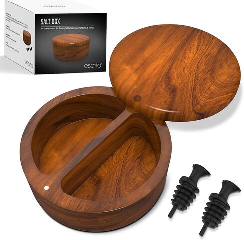 Esatto Round Acacia Wooden Salt Box, Magnetic Swivel Lid, Salt pepper or Spice Storage Box, 2 Wine Pourers Included in Saudi Arabia
