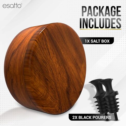 Esatto Round Acacia Wooden Salt Box, Magnetic Swivel Lid, Salt pepper or Spice Storage Box, 2 Wine Pourers Included in Saudi Arabia