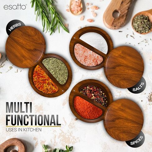 Esatto Round Acacia Wooden Salt Box, Magnetic Swivel Lid, Salt pepper or Spice Storage Box, 2 Wine Pourers Included in Saudi Arabia