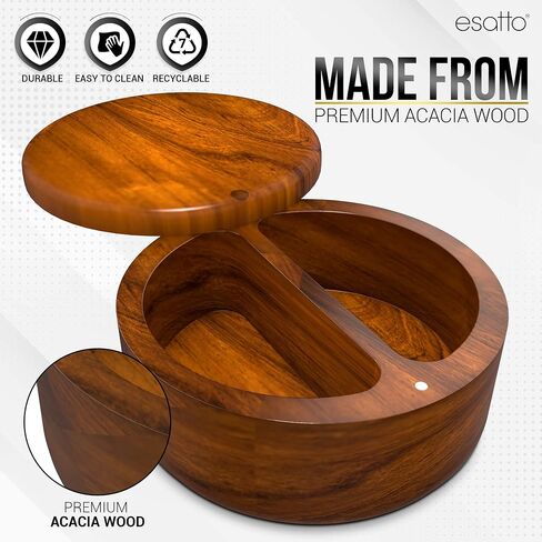 Esatto Round Acacia Wooden Salt Box, Magnetic Swivel Lid, Salt pepper or Spice Storage Box, 2 Wine Pourers Included in Saudi Arabia