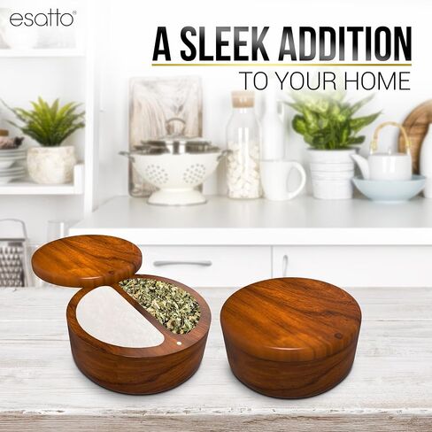 Esatto Round Acacia Wooden Salt Box, Magnetic Swivel Lid, Salt pepper or Spice Storage Box, 2 Wine Pourers Included in Saudi Arabia