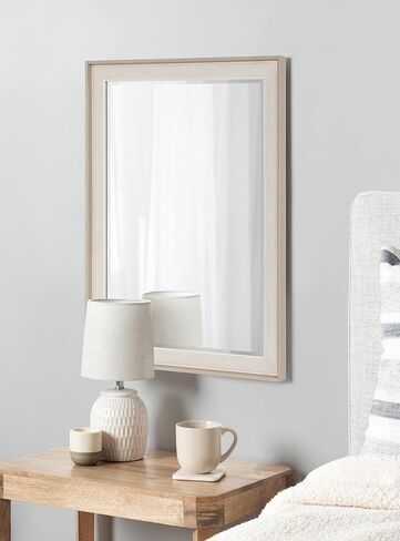 Kate and Laurel Kobert Transitional Rectangle Wall Mirror, 24 x 36, Tan, Framed Rectangular Statement Vanity Mirror with Fine Linen Texture and Beveled Edge in Saudi Arabia