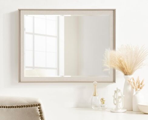 Kate and Laurel Kobert Transitional Rectangle Wall Mirror, 24 x 36, Tan, Framed Rectangular Statement Vanity Mirror with Fine Linen Texture and Beveled Edge in Saudi Arabia