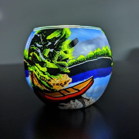 حامل شموع زجاجي مصنوع يدويًا من بينايا - تصميم الأضواء الشمالية، مثالي لديكور طاولة الزفاف، والقطع المركزية، والشموع الصغيرة العرض: 4.33 بوصة، الارتفاع: 3.93 بوصة in Kuwait