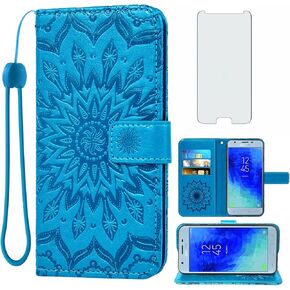Phone Case for Samsung Galaxy J3 Orbit J 3 Star 2018 3J Achieve Wallet with Tempered Glass Screen Protector Leather Flip Cover Card Holder Stand Cell Glaxay J3V V 3rd Gen SM J337A J337V J337 Blue