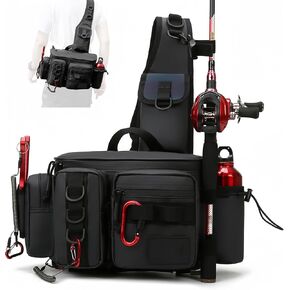 YIANTU-Fishing Tackle Backpack Fishing Fanny Pack Crossbody Bag Fishing Tackle Box Organizer with Rod & Gear Holder, Ideal for Fishing, Camping, Hiking and More!, 16.5*8.3*6.7inches