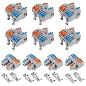 10PCS DIN Rail Terminal Blocks Kit, 2 in 8 Out Universal Compact Lever Wire Connector for Electrical Wires, Detachable Ground Circuit Terminal Blocks for Circuit Inline 28-12 AWG