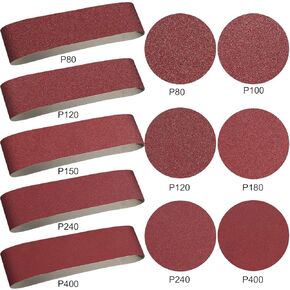 Blulu 88 Pieces Alumina Sanding Belts Includes 4 x 36 Inch Sanding Belts (80/120/150/240/400 Grits) and 6 Inch Self Stick No Hole Alumina Sanding Disc