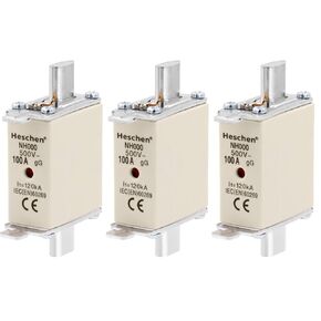 NH000-100A Fuse Link, 100A, gG, Front Indicator, Combination Detector, 3 PCS, Grey, Ceramic, Silver