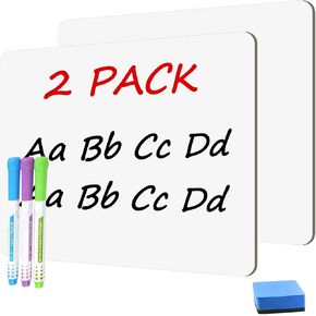 2 PC Small White Board Dry Erase Classroom Pack Boards 9"x12" Personal Whiteboards for Students Teachers School Supplies Lapboards,with Whiteboard Erasers Incl and Colors Pens