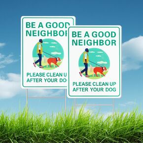 Be A Good Neighbor Clean Up After Your Dog Signs, (2 Pack) 12"x9" Double Sided with Metal H-Stake No Poop Signs for Lawn, No Pooping Dog Signs for Yard Waterproof, Weather Resistant