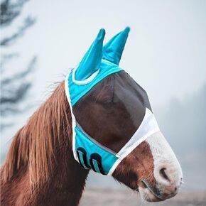 Fly Mask or Horses with Ears UV Protection Fly mask for Horses, High Elasticity, Comfortable and Breathable (Light Blue, M)