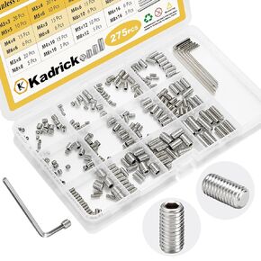 Kadrick 304 Stainless Steel Set Screws, 275 Pcs, M3-M8, 3mm-16mm Lengths