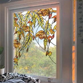Original Hand Drawn Faux Stained Glass Window Hanging Cling, Green Stained Glass Window Film Decorative Leaves Bird Window Cling, Arch Green Vine Glass Window Stickers 41.34"X29.53"X2PCS
