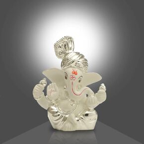 Silver Plated Lord Ganesha for Car Dashboard Small Ganesh Idol Statue Figurine for Ganpati Puja Wedding Diwali Gifts Home Mandir Office Décor (3.5 x 2 inches)