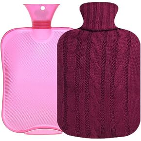 2 Liter Classic Transparent Hot Water Bottle with Knit Cover - Cramp Relief, Pain Management, and Cozy Nights - Water Heating Pad for Adults
