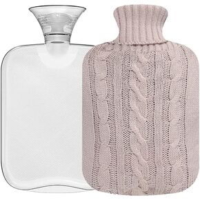 2 Liter Classic Transparent Hot Water Bottle with Knit Cover - Cramp Relief, Pain Management, and Cozy Nights - Water Heating Pad for Adults