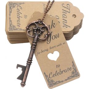 Aokbean 52pcs Vintage Skeleton Key Bottle Opener Party Favor Wedding Favor Guest Souvenir Gift Set with Escort Thank You Tag Card and Keychain (Antique Silver)