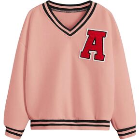 OYOANGLE Girl's Letter Patched Stripe V Neck Pullover Shirt Top Colorblock Drop Shoulder Long Sleeve Sweatshirts