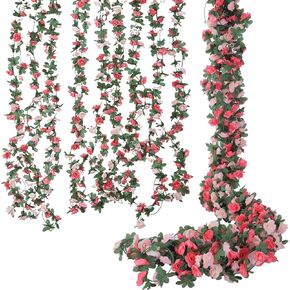 5 Pcs 39FT Purple Flower Garland, Artificial Rose Vine Flowers with Green Leaves, Hanging Fake Flower Vine for Room Anniversary Birthday Wedding Christmas Wall Arch Decor, Rose Vine Garland